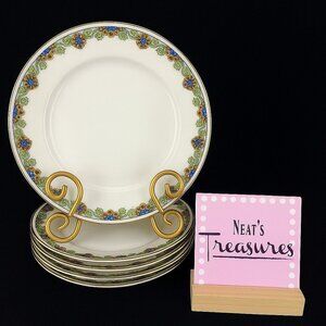 Vintage Sarreguemines France Floral Scroll Medallion Gold Trim Salad Plate Set 5